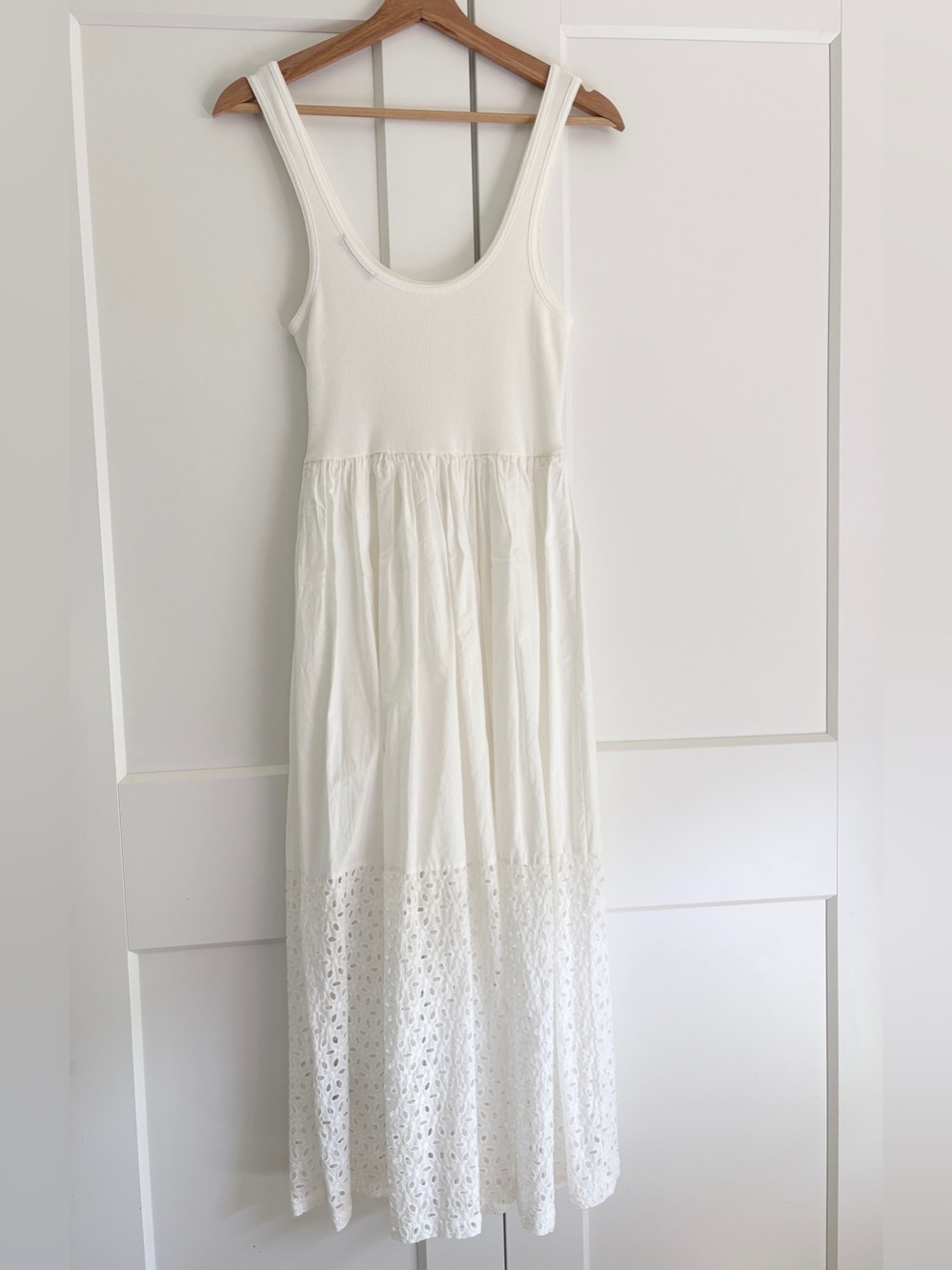 Zara White Ribbed Bodice Maxi Dress with Eyelet Skirt